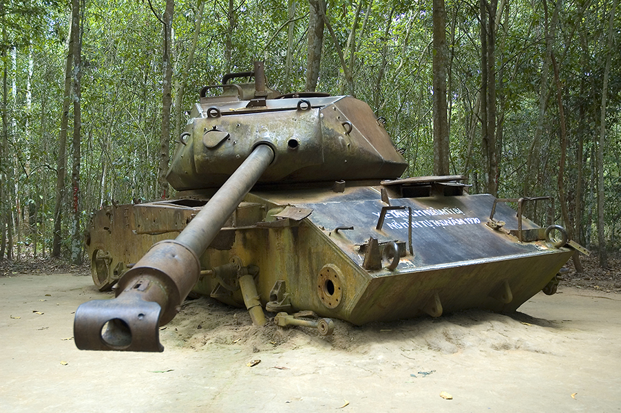 American Tank destroyed by Viet Congs in Cu Chi, Vietnam in 1970 with Man Nguyen Private Vietnam Tour Packages