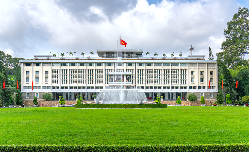 Front View Reunification Palace in Ho Chi Minh city with Man Nguyen Private Vietnam Tour Packages